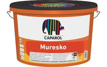 Caparol Muresko (Муреско): водно-дисперсионная фасадная силиконовая краска, база 3 — База: 3 (прозрачная) — Фасовка: 9,4 л — Колеровка оплачивается дополнительно — Моющаяся: 2 класс влажного истирания — Блеск: матовая