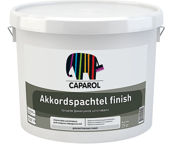 Caparol Akkordspachtel finish (Аккордшпахтель финиш): белая тонкая акриловая шпатлевка для интерьерных работ, фасовка 25 кг   