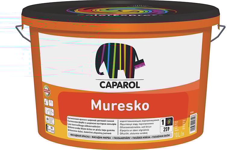 Caparol Muresko (Муреско): водно-дисперсионная фасадная силиконовая краска, база 3. Объем: 9,4 л.